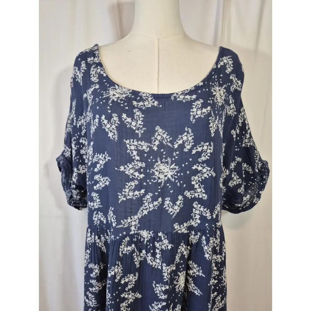 Free People Belezza Babydoll Floral Printed Blue Cotton Mini Dress Large